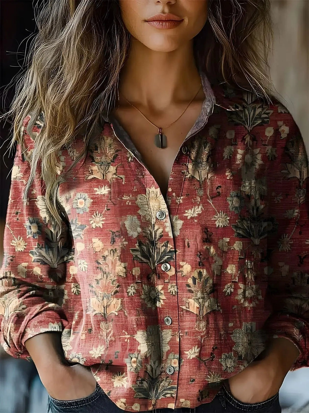 Effortless Paisley Print Blouse for Women with Collar Long Sleeve Button Front Relaxed Bohemian Style