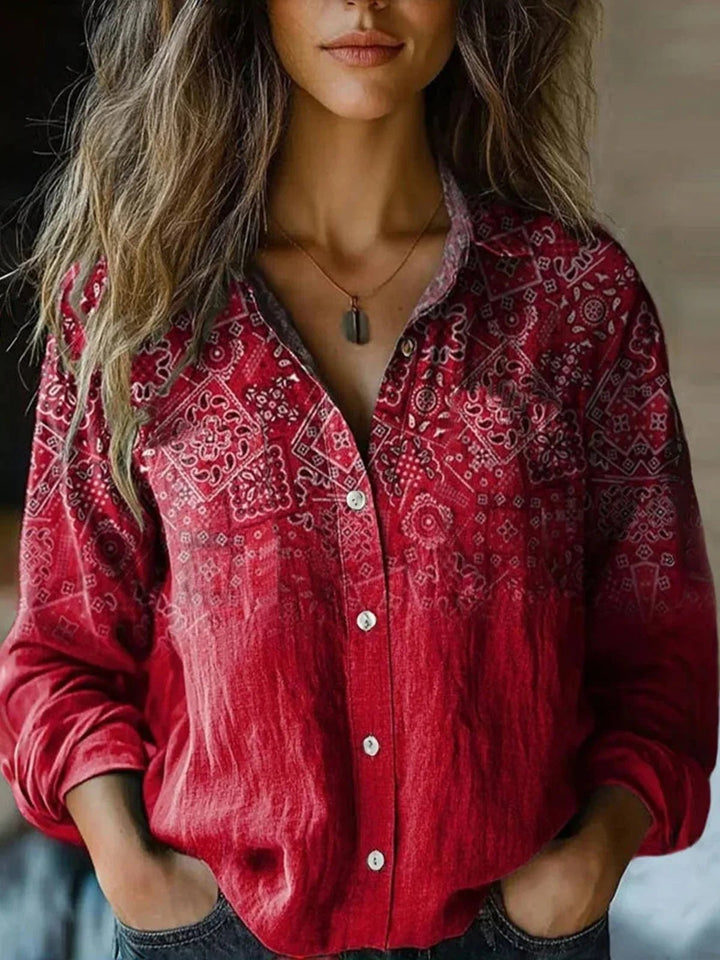 Effortless Paisley Print Blouse for Women with Collar Long Sleeve Button Front Relaxed Bohemian Style
