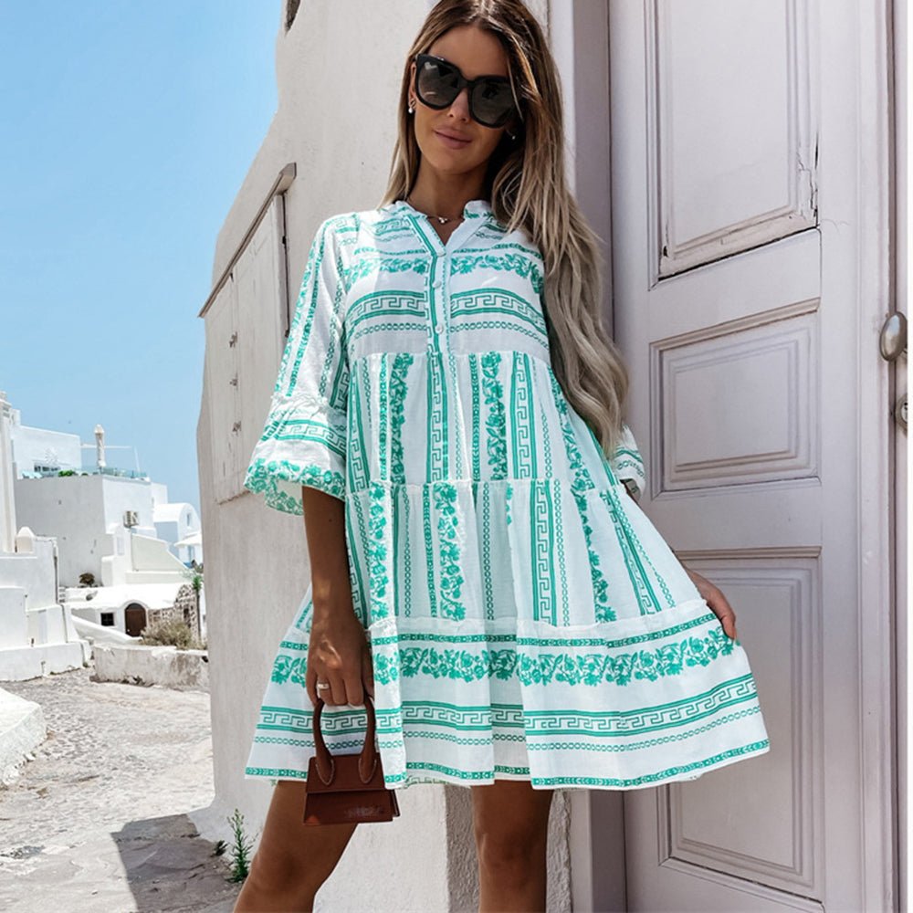 Effortless Tiered Boho Mini Dress for Women with V Neck Bell Sleeve Button Front Flowing Style