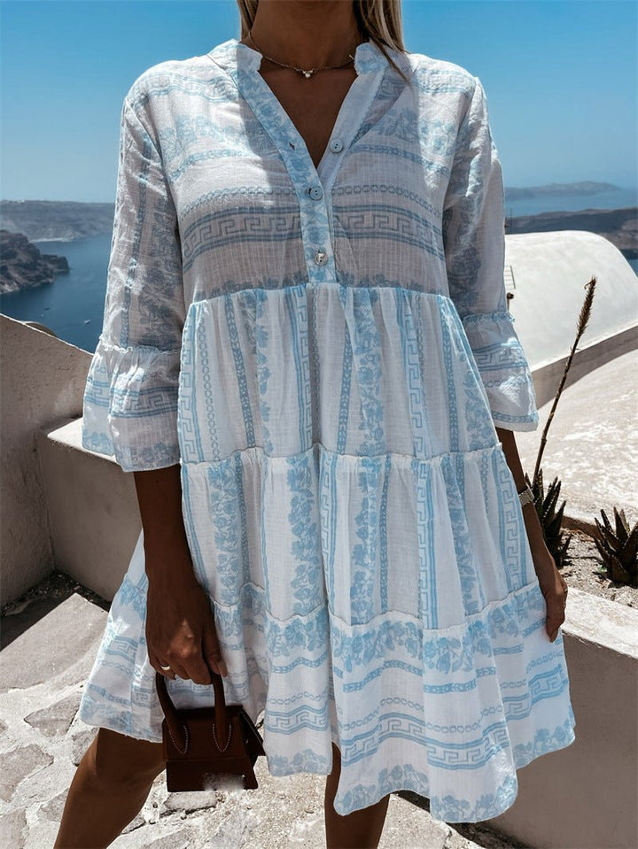 Effortless Tiered Boho Mini Dress for Women with V Neck Bell Sleeve Button Front Flowing Style