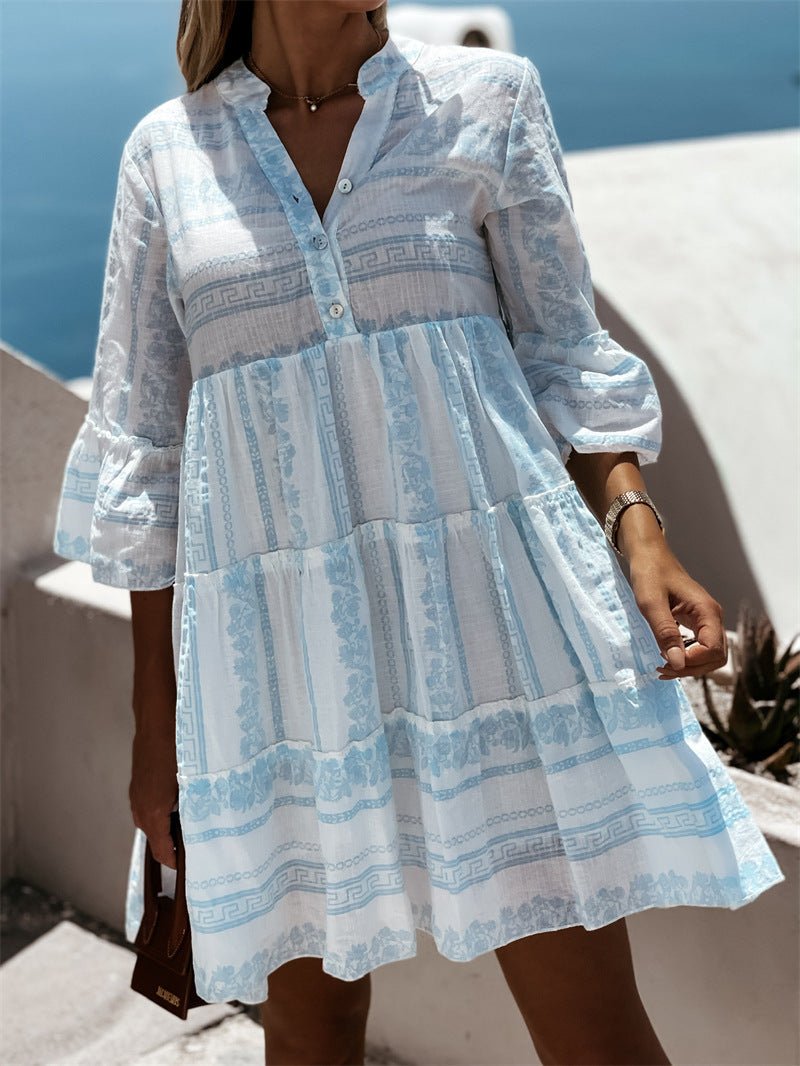 Effortless Tiered Boho Mini Dress for Women with V Neck Bell Sleeve Button Front Flowing Style