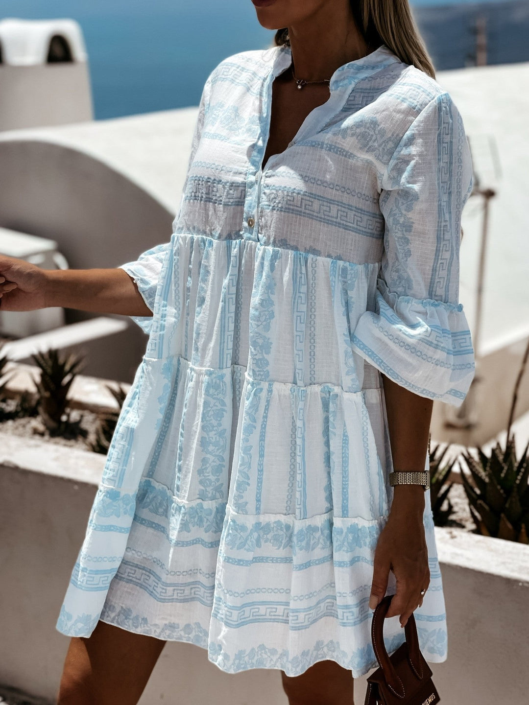 Effortless Tiered Boho Mini Dress for Women with V Neck Bell Sleeve Button Front Flowing Style
