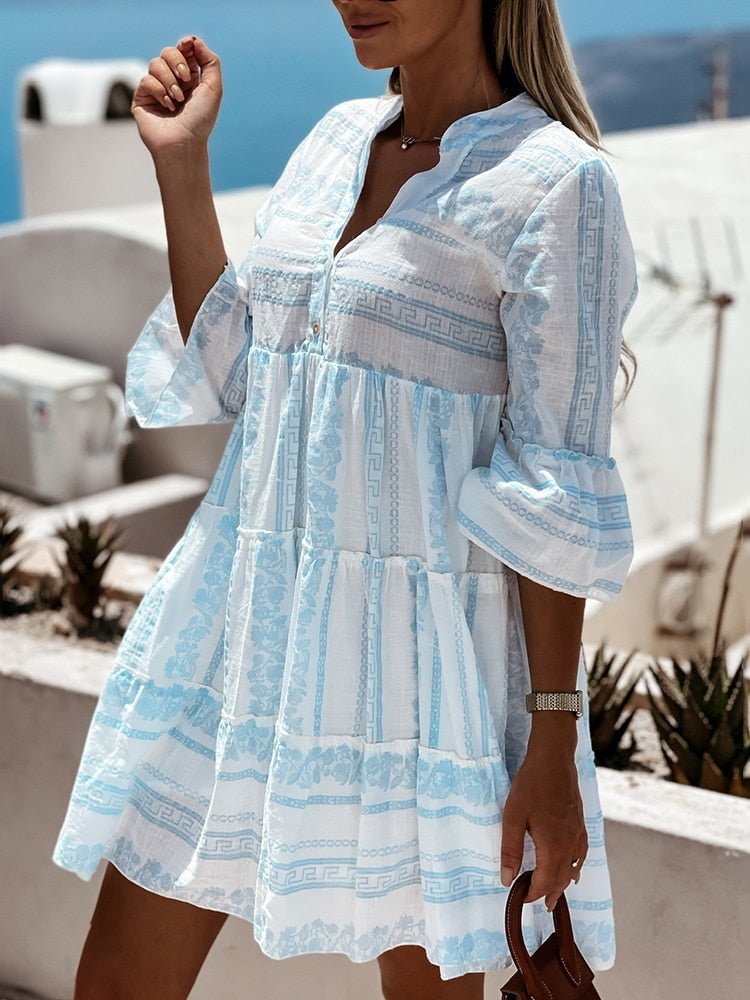 Effortless Tiered Boho Mini Dress for Women with V Neck Bell Sleeve Button Front Flowing Style