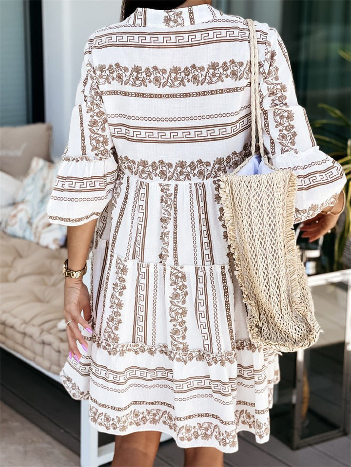 Effortless Tiered Boho Mini Dress for Women with V Neck Bell Sleeve Button Front Flowing Style