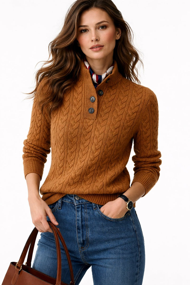 Comfortable Cable Knit Sweater for Women with Mock Neck Long Sleeve Button Placket Relaxed Style