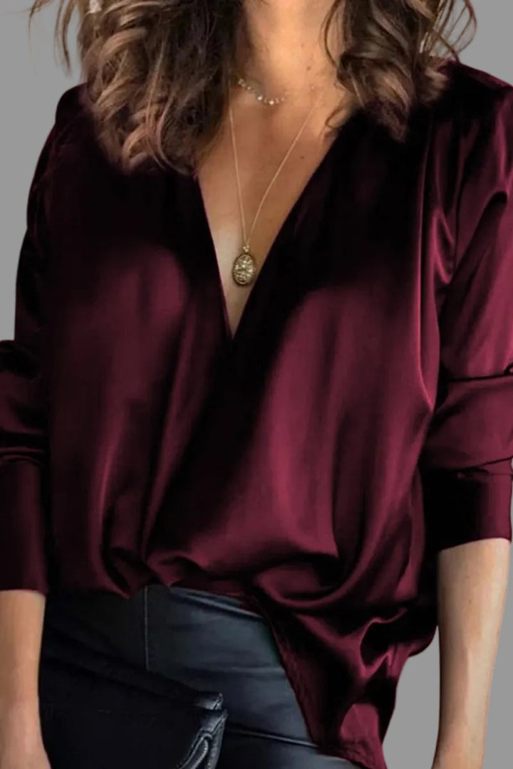 Elegant Satin Blouse for Women with V Neck Long Sleeve Draped Wrap Silky Style