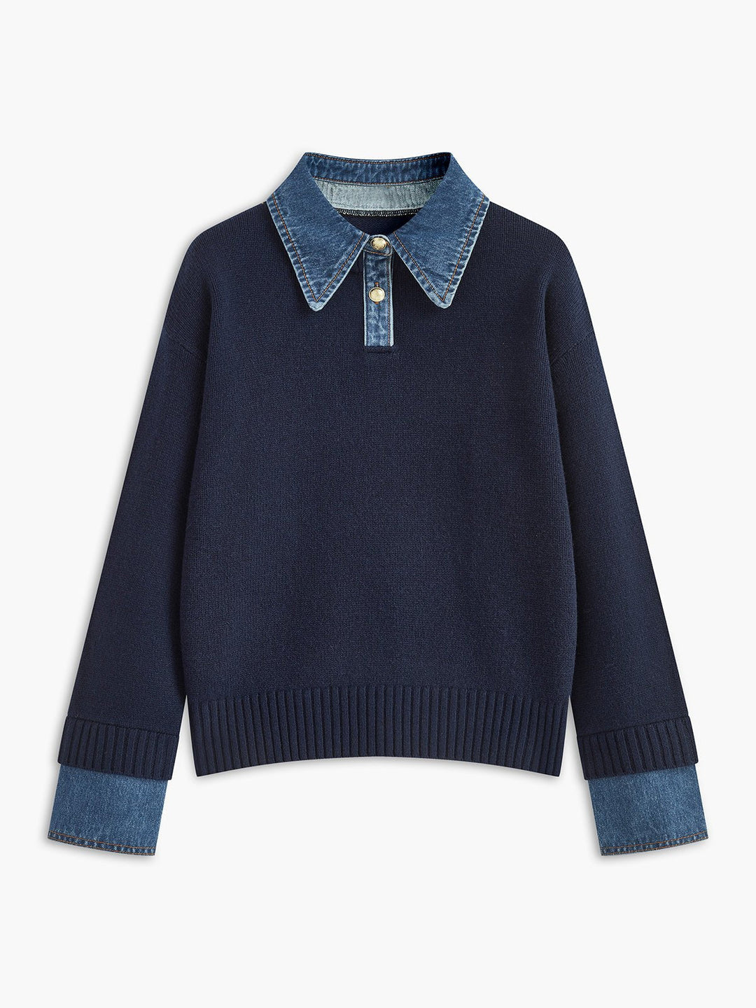 Comfortable Denim Trim Polo Sweater for Women with Collar Long Sleeve Relaxed Oversized Knit Style
