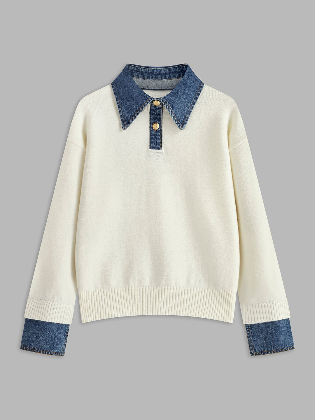 Comfortable Denim Trim Polo Sweater for Women with Collar Long Sleeve Relaxed Oversized Knit Style