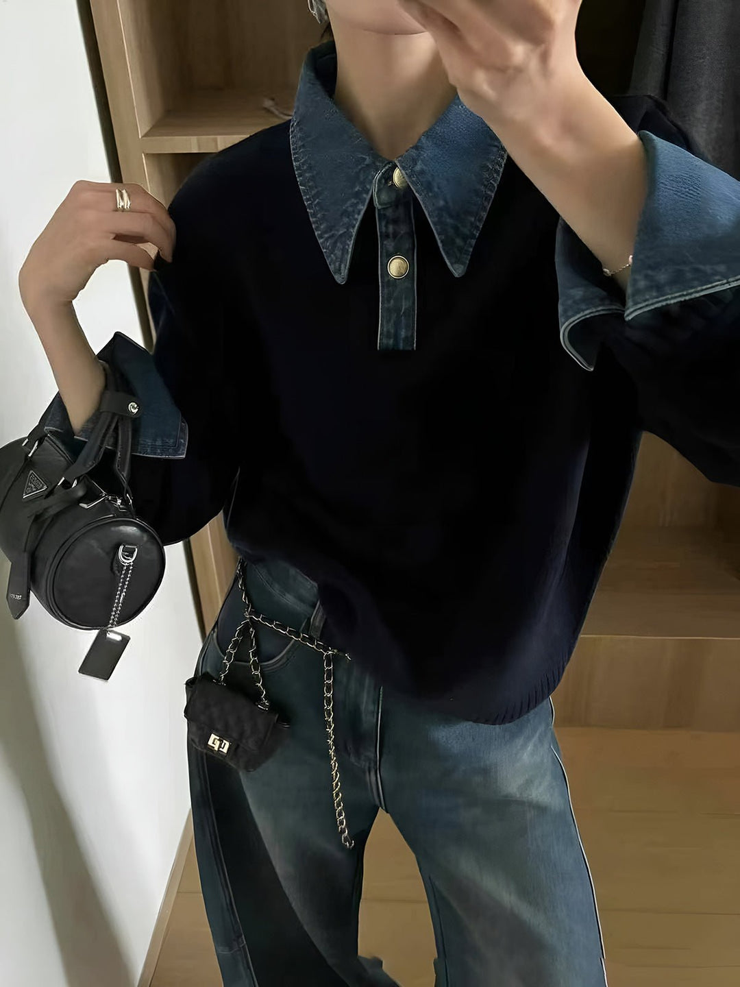 Comfortable Denim Trim Polo Sweater for Women with Collar Long Sleeve Relaxed Oversized Knit Style