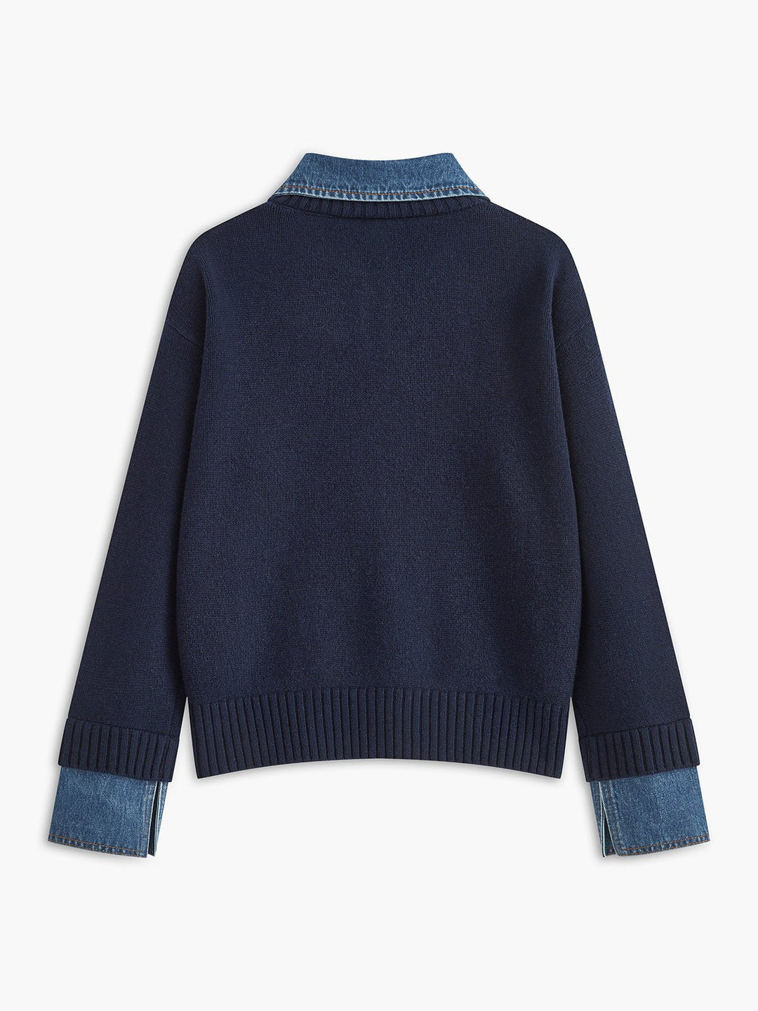 Comfortable Denim Trim Polo Sweater for Women with Collar Long Sleeve Relaxed Oversized Knit Style