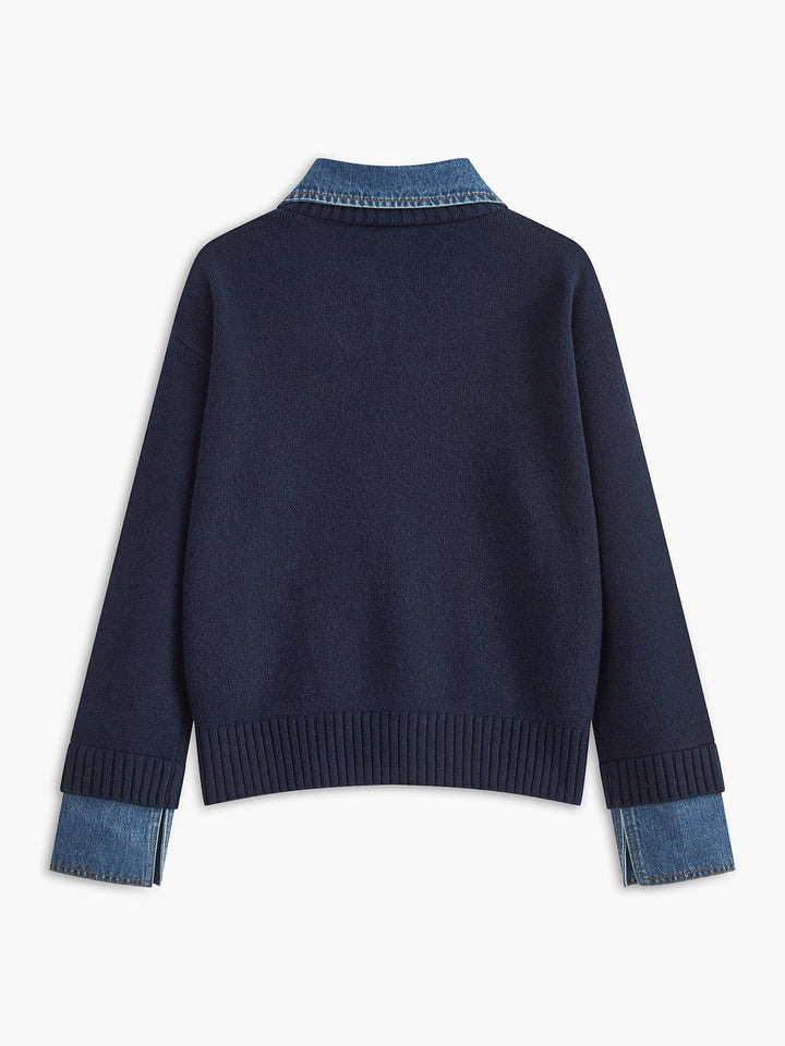 Comfortable Denim Trim Polo Sweater for Women with Collar Long Sleeve Relaxed Oversized Knit Style