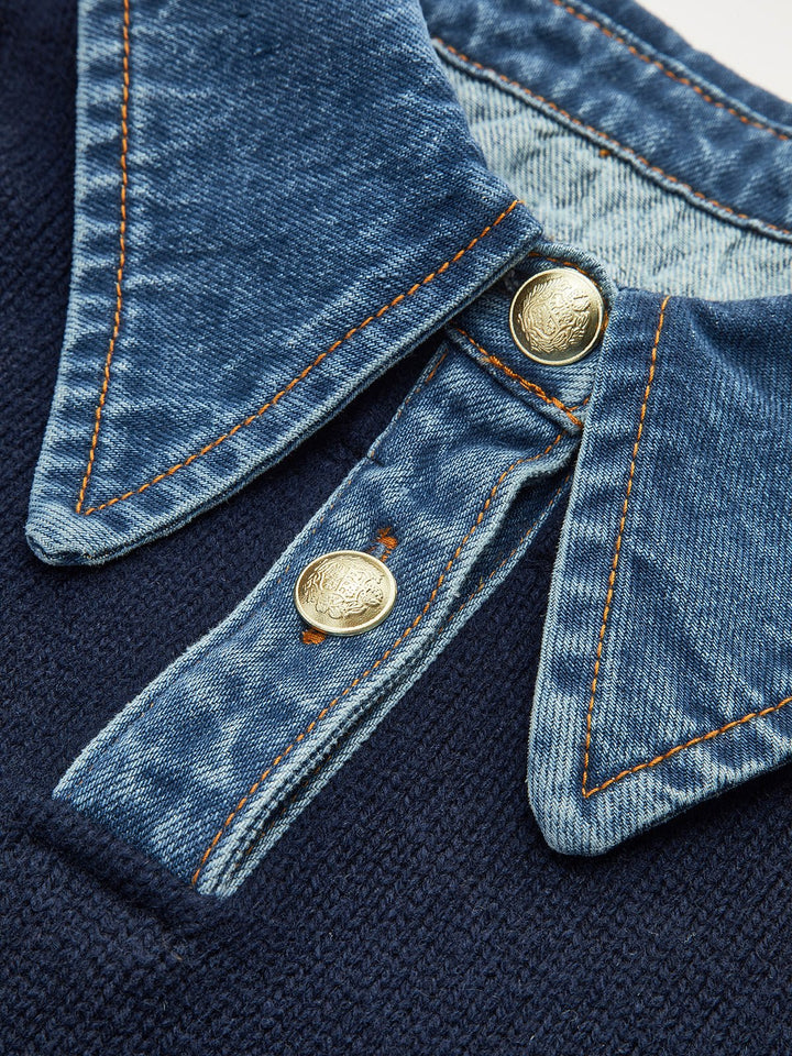 Comfortable Denim Trim Polo Sweater for Women with Collar Long Sleeve Relaxed Oversized Knit Style