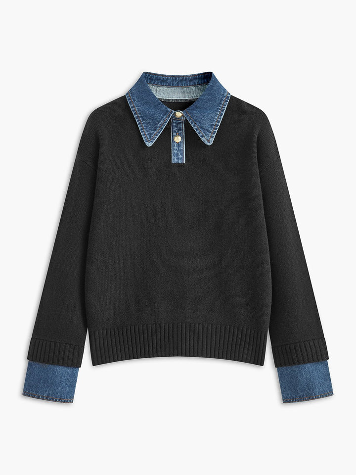 Comfortable Denim Trim Polo Sweater for Women with Collar Long Sleeve Relaxed Oversized Knit Style
