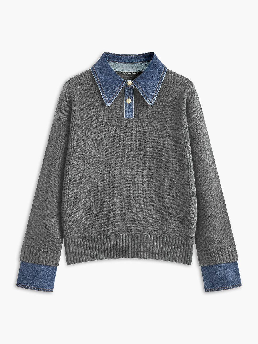 Comfortable Denim Trim Polo Sweater for Women with Collar Long Sleeve Relaxed Oversized Knit Style