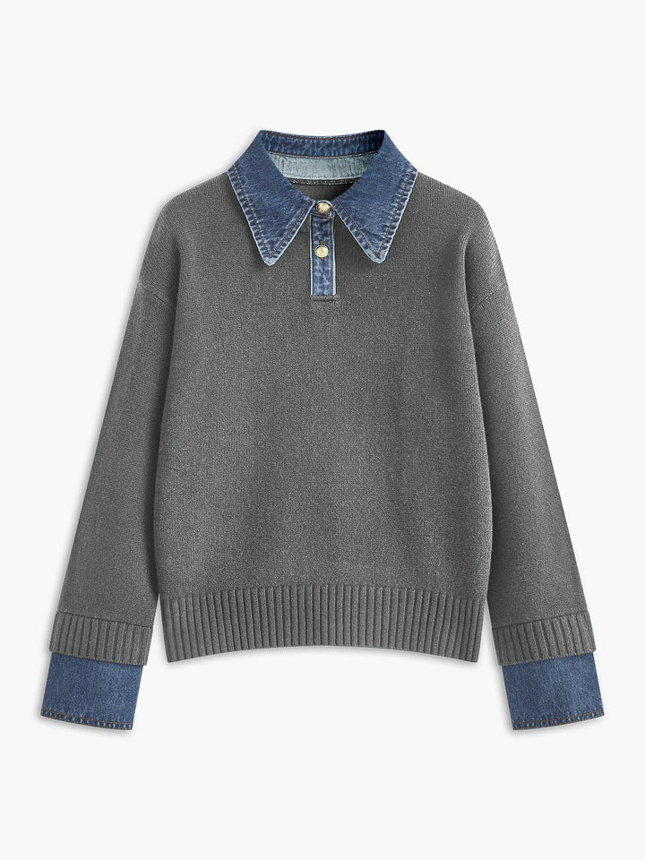 Comfortable Denim Trim Polo Sweater for Women with Collar Long Sleeve Relaxed Oversized Knit Style