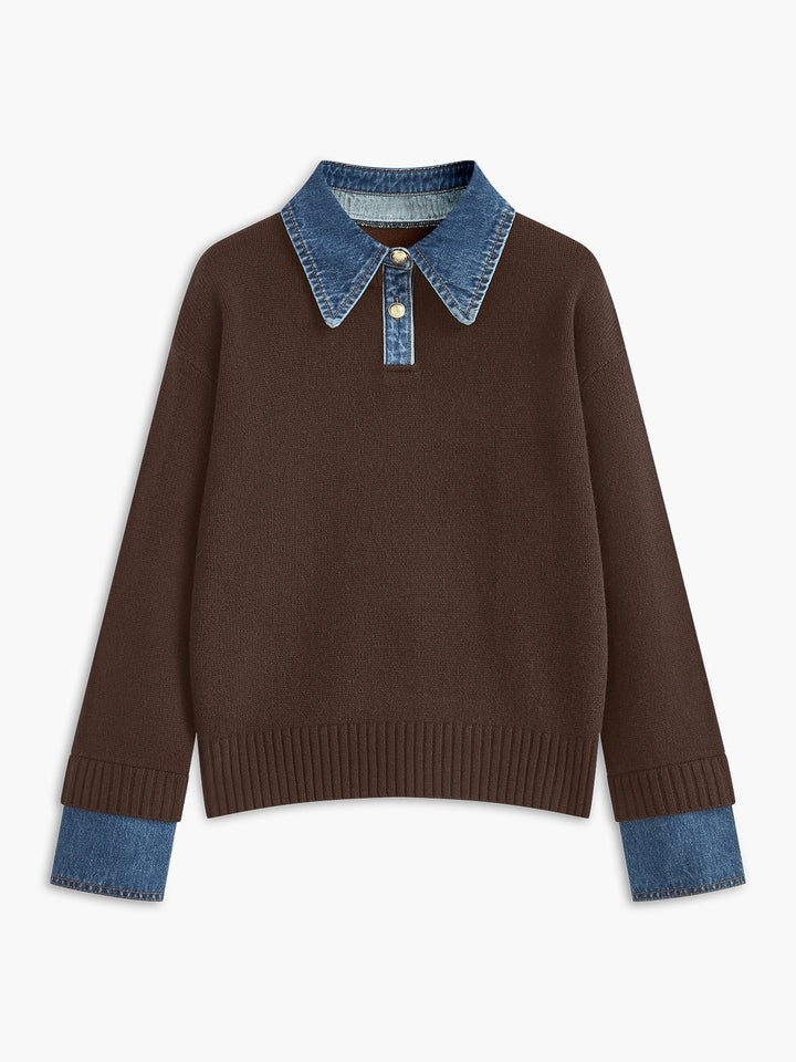Comfortable Denim Trim Polo Sweater for Women with Collar Long Sleeve Relaxed Oversized Knit Style