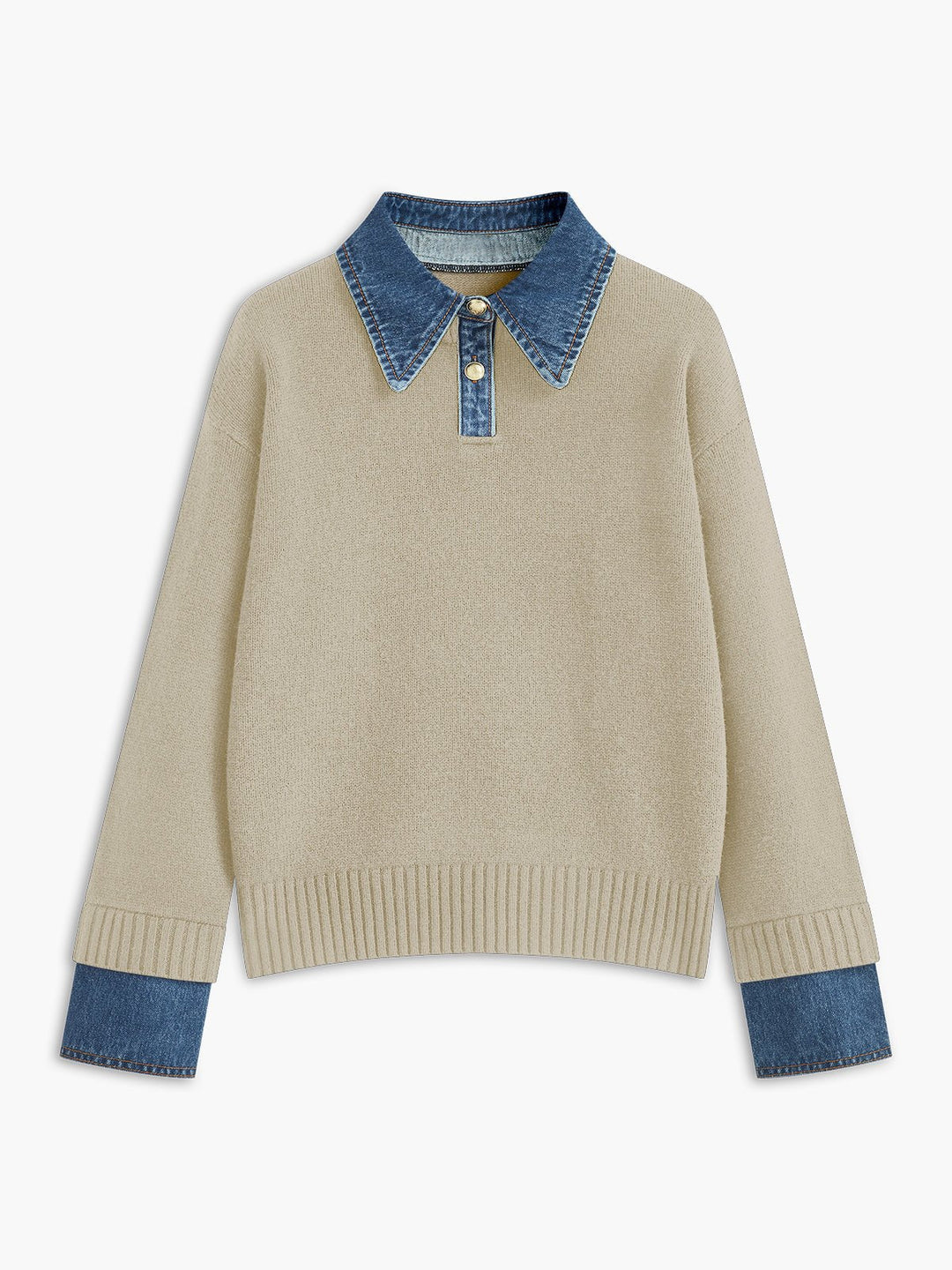 Comfortable Denim Trim Polo Sweater for Women with Collar Long Sleeve Relaxed Oversized Knit Style