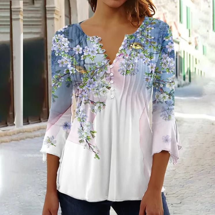 Effortless Floral Blouse for Women with Notched Neck Bell Sleeve Pintuck Button Front Casual Style