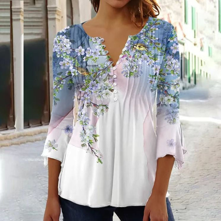 Effortless Floral Blouse for Women with Notched Neck Bell Sleeve Pintuck Button Front Casual Style