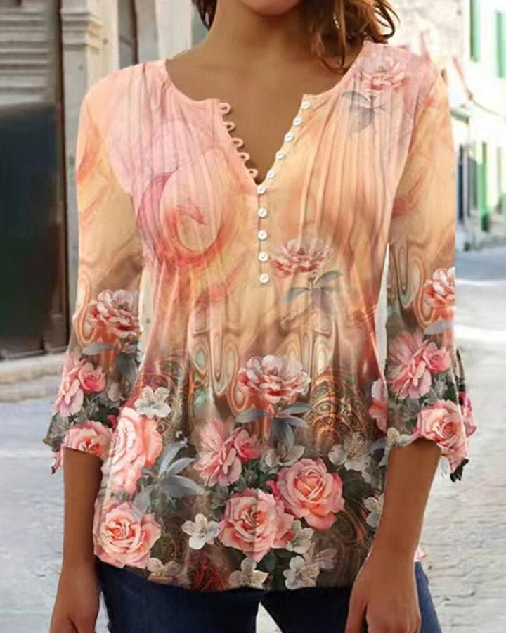 Effortless Floral Blouse for Women with Notched Neck Bell Sleeve Pintuck Button Front Casual Style
