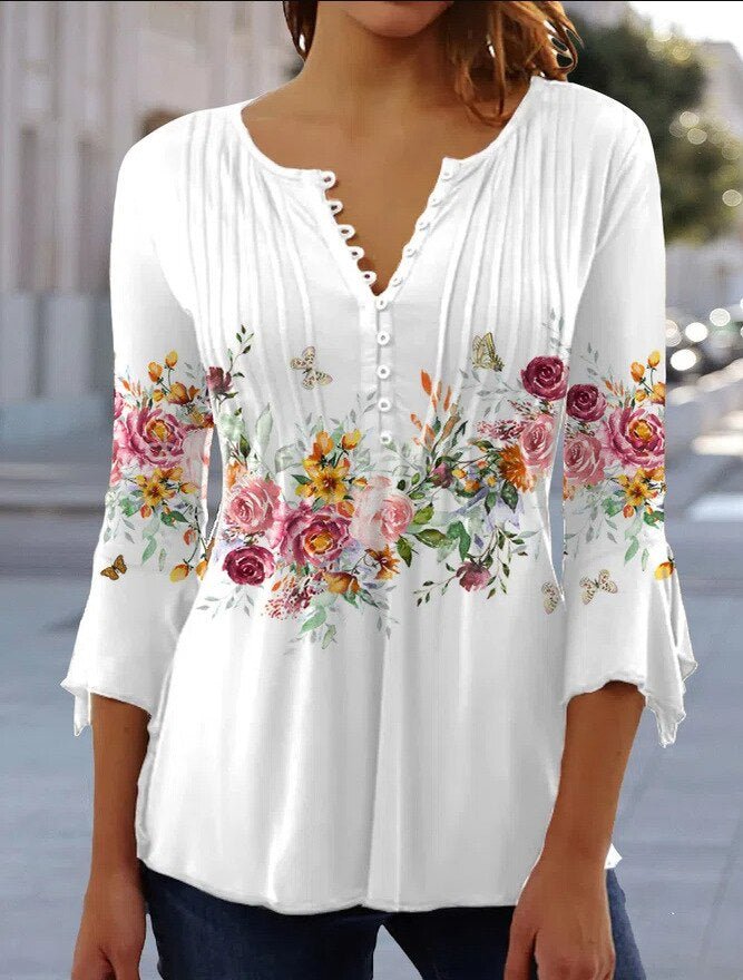 Effortless Floral Blouse for Women with Notched Neck Bell Sleeve Pintuck Button Front Casual Style