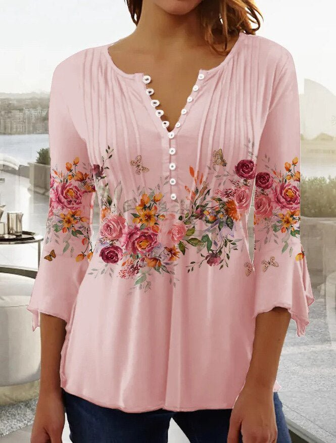 Effortless Floral Blouse for Women with Notched Neck Bell Sleeve Pintuck Button Front Casual Style