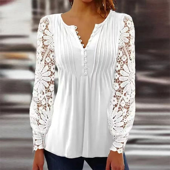 Effortless Floral Blouse for Women with Notched Neck Bell Sleeve Pintuck Button Front Casual Style