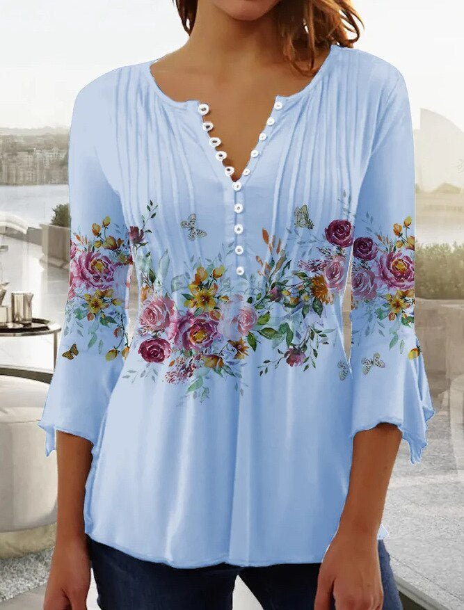 Effortless Floral Blouse for Women with Notched Neck Bell Sleeve Pintuck Button Front Casual Style