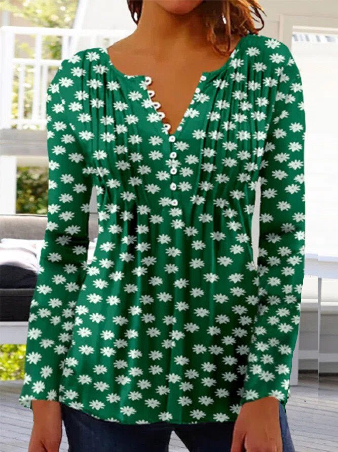 Effortless Floral Blouse for Women with Notched Neck Bell Sleeve Pintuck Button Front Casual Style