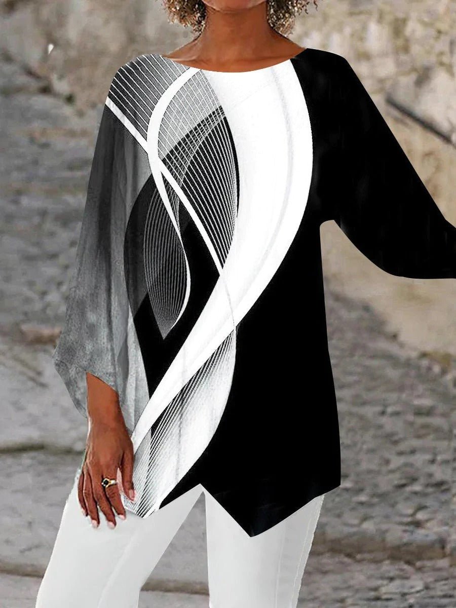Effortless Black and White Geometric Print Tunic Top for Women with Round Neck Batwing Sleeve Asymmetrical Hem Flowing Style