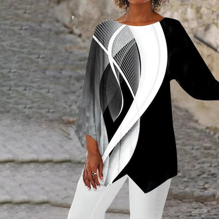 Effortless Black and White Geometric Print Tunic Top for Women with Round Neck Batwing Sleeve Asymmetrical Hem Flowing Style