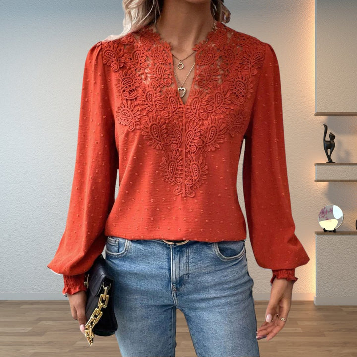 Effortless Swiss Dot Lace Blouse for Women with V Neck Long Sleeve Crochet Trim Casual Style