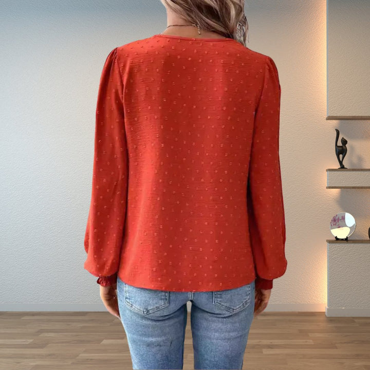 Effortless Swiss Dot Lace Blouse for Women with V Neck Long Sleeve Crochet Trim Casual Style