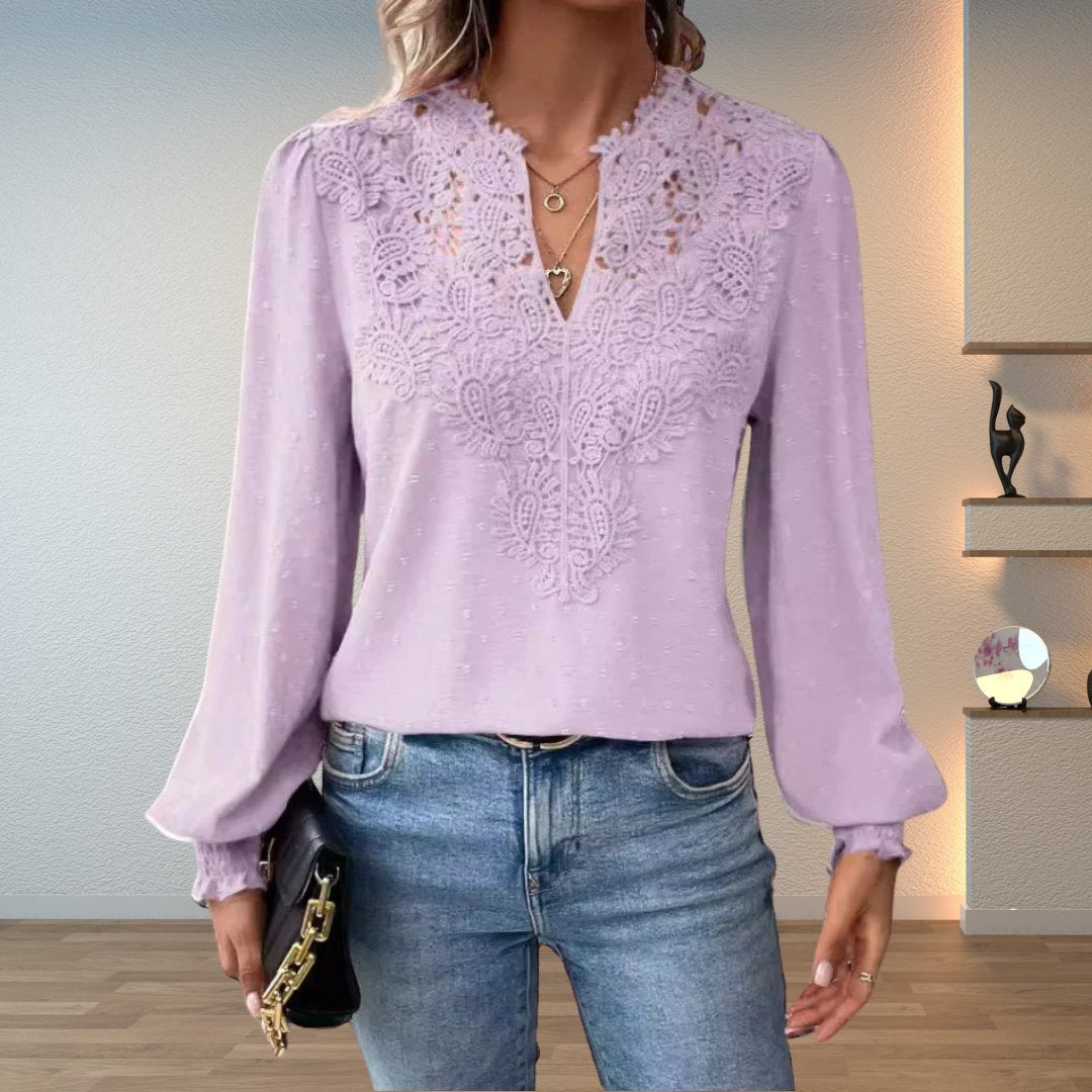Effortless Swiss Dot Lace Blouse for Women with V Neck Long Sleeve Crochet Trim Casual Style