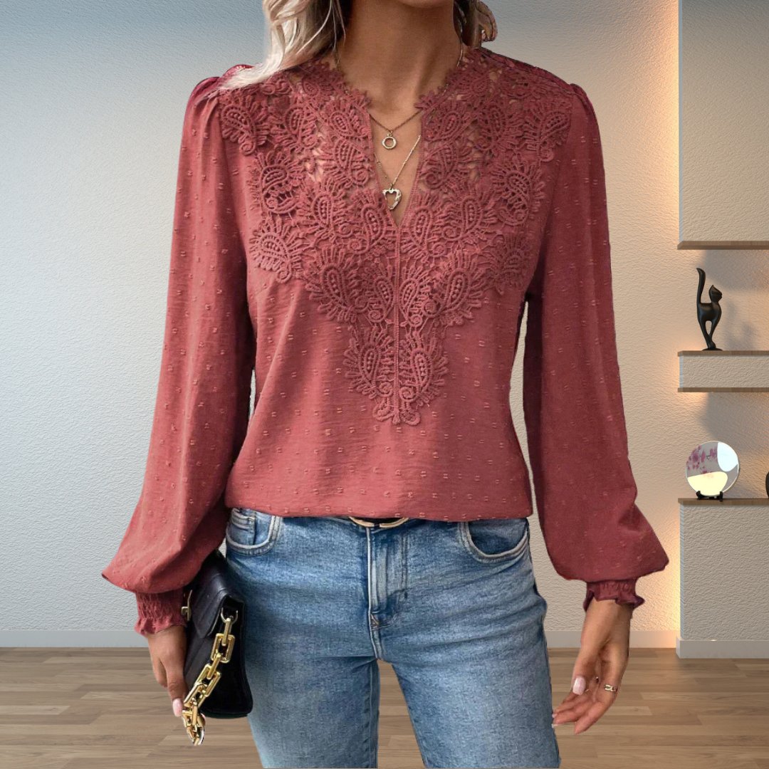 Effortless Swiss Dot Lace Blouse for Women with V Neck Long Sleeve Crochet Trim Casual Style