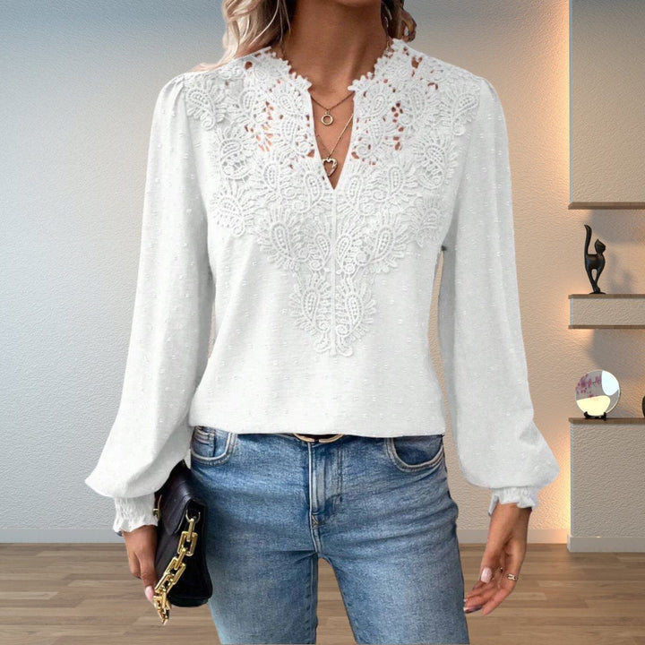 Effortless Swiss Dot Lace Blouse for Women with V Neck Long Sleeve Crochet Trim Casual Style