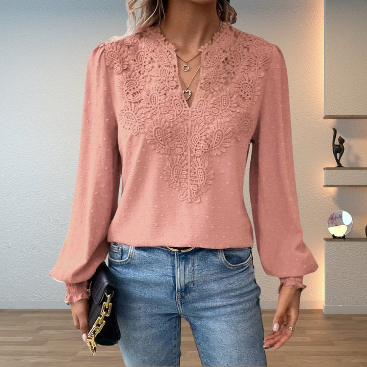 Effortless Swiss Dot Lace Blouse for Women with V Neck Long Sleeve Crochet Trim Casual Style