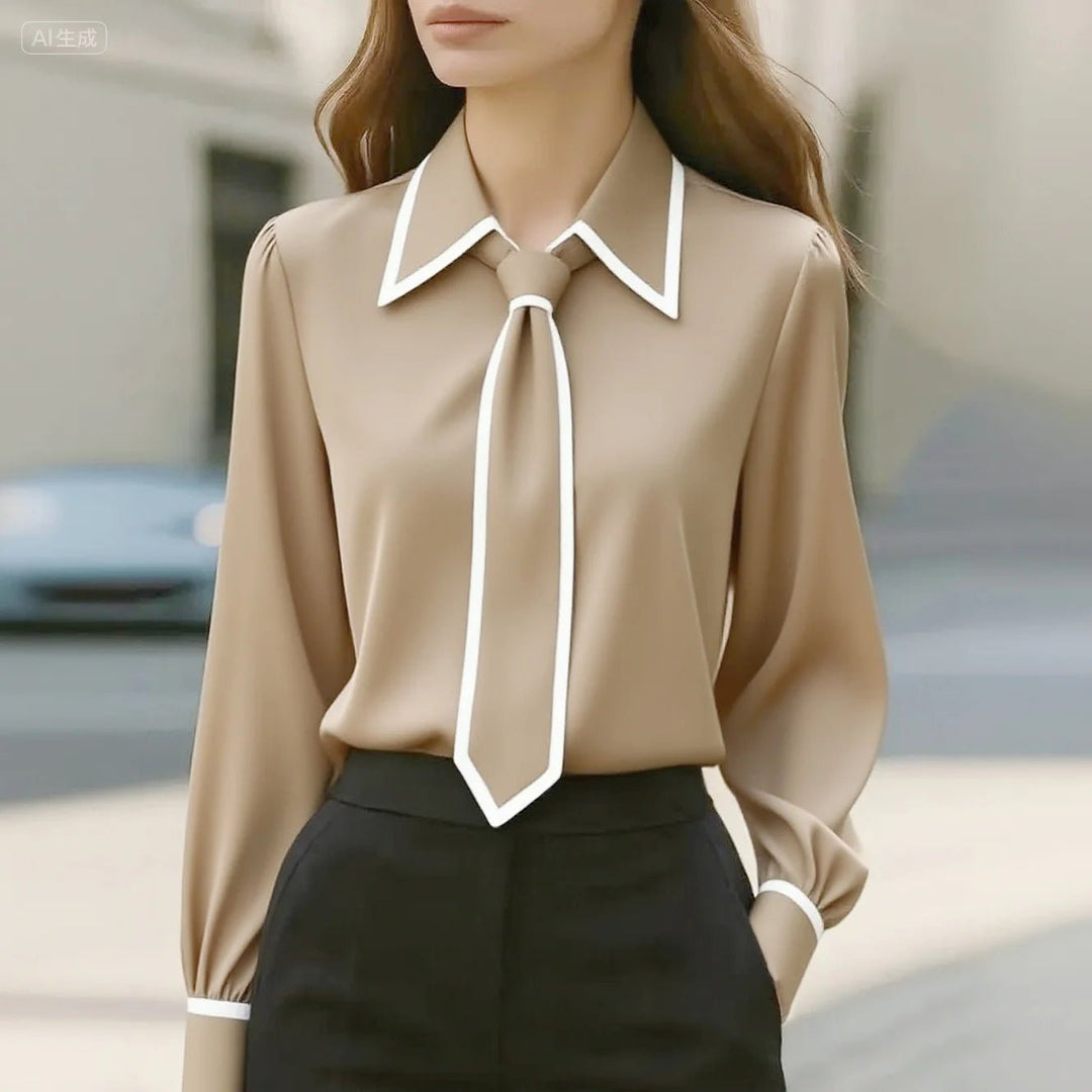 Elegant Contrast Tie Neck Blouse for Women with Point Collar Long Sleeve Silky Relaxed Style