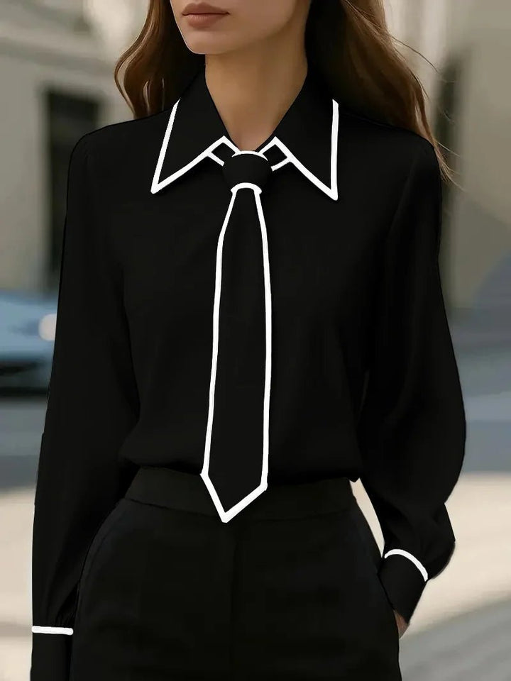 Elegant Contrast Tie Neck Blouse for Women with Point Collar Long Sleeve Silky Relaxed Style
