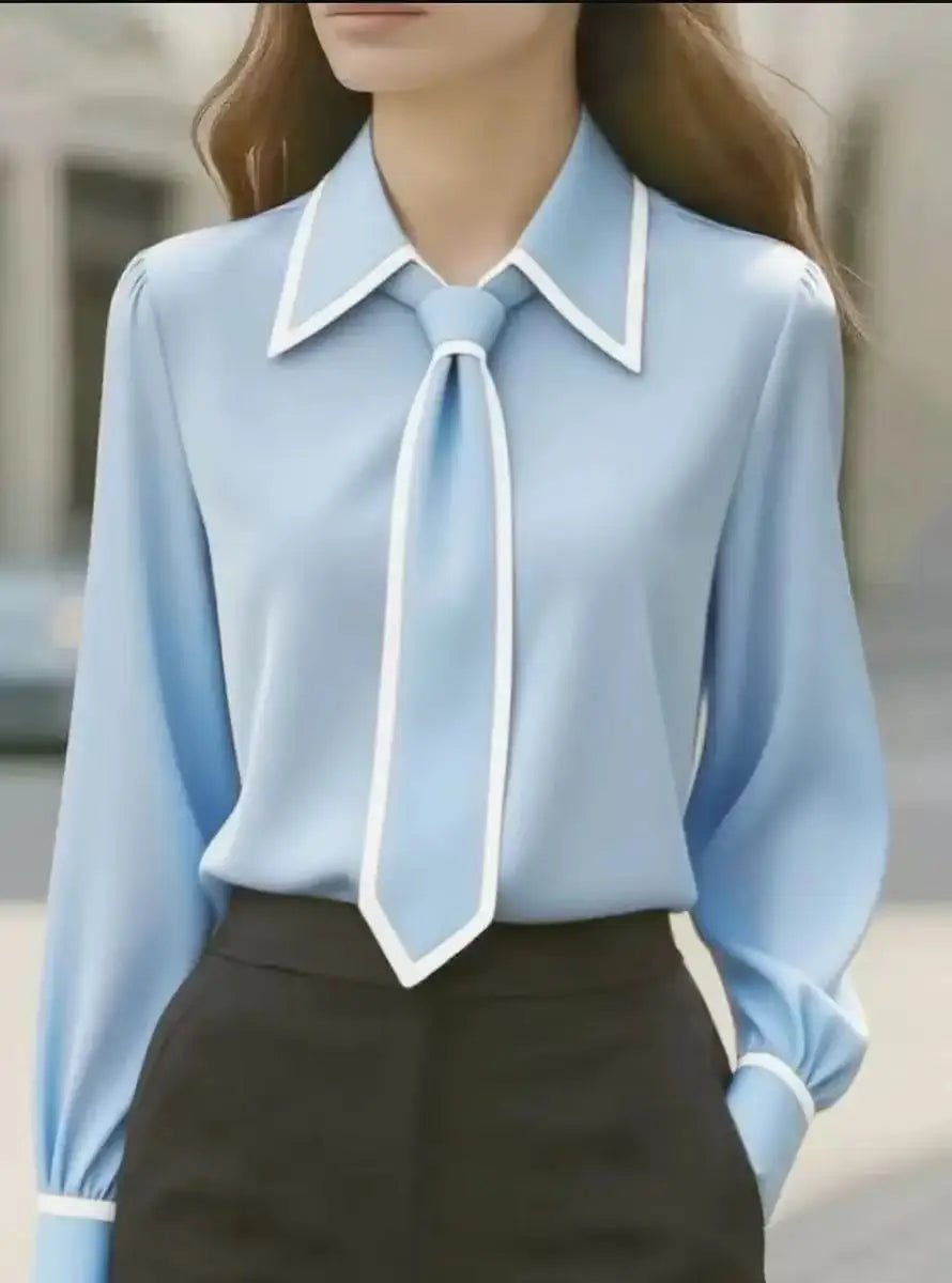 Elegant Contrast Tie Neck Blouse for Women with Point Collar Long Sleeve Silky Relaxed Style