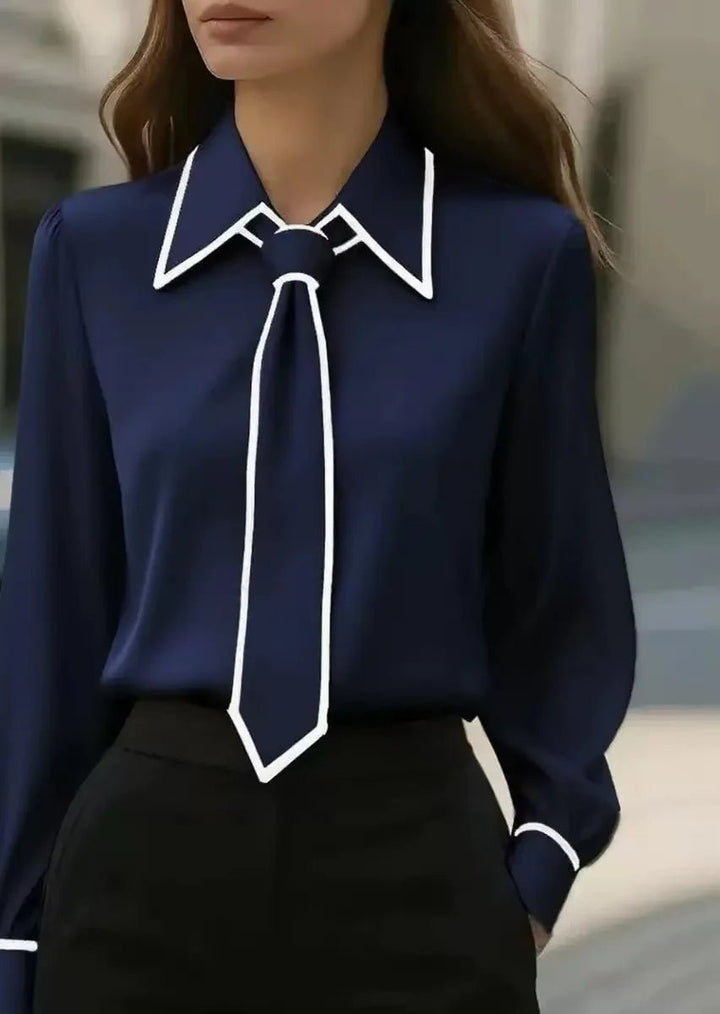 Elegant Contrast Tie Neck Blouse for Women with Point Collar Long Sleeve Silky Relaxed Style