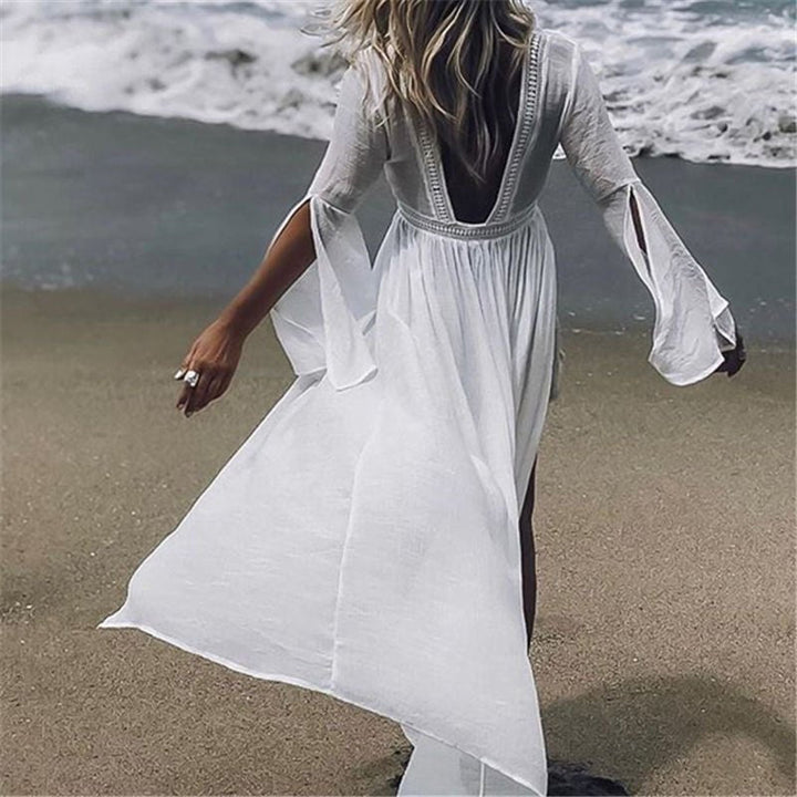 Effortless White Kimono Cover Up for Women with V Neck Bell Sleeve Crochet Trim Flowing Bohemian Style