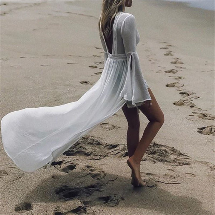 Effortless White Kimono Cover Up for Women with V Neck Bell Sleeve Crochet Trim Flowing Bohemian Style
