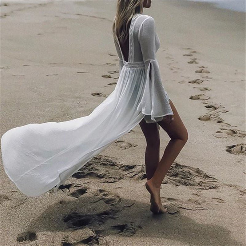 Effortless White Kimono Cover Up for Women with V Neck Bell Sleeve Crochet Trim Flowing Bohemian Style