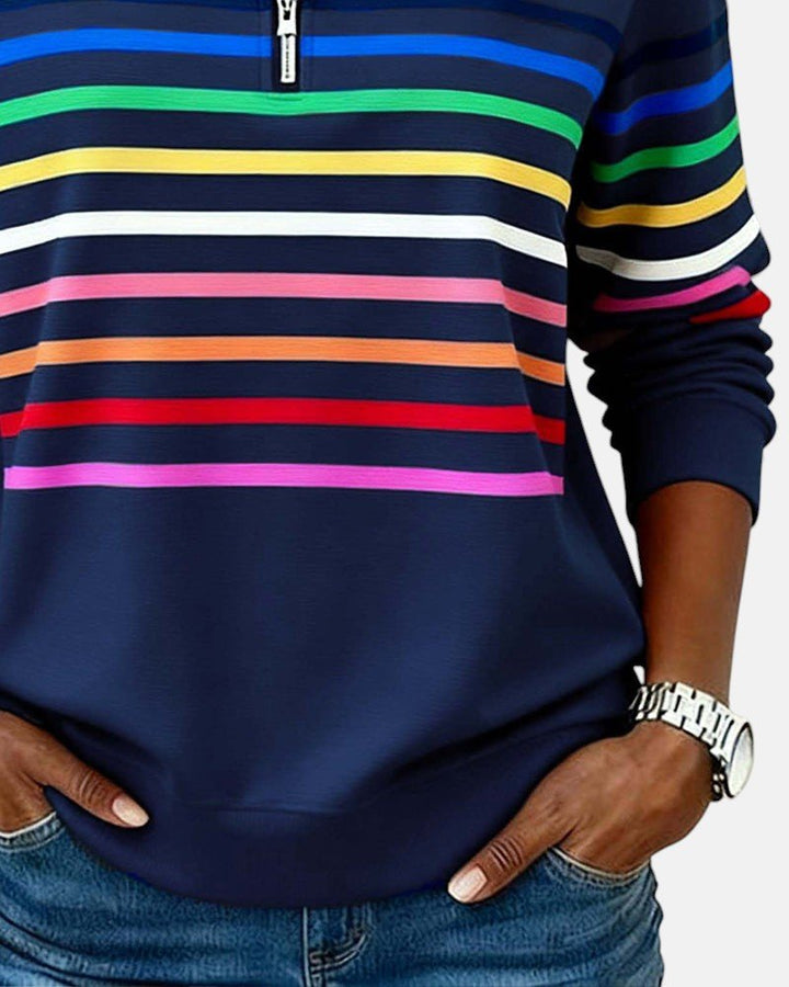 Comfortable Rainbow Striped Sweatshirt for Women with Quarter Zip Collar Long Sleeve Relaxed Knit Style