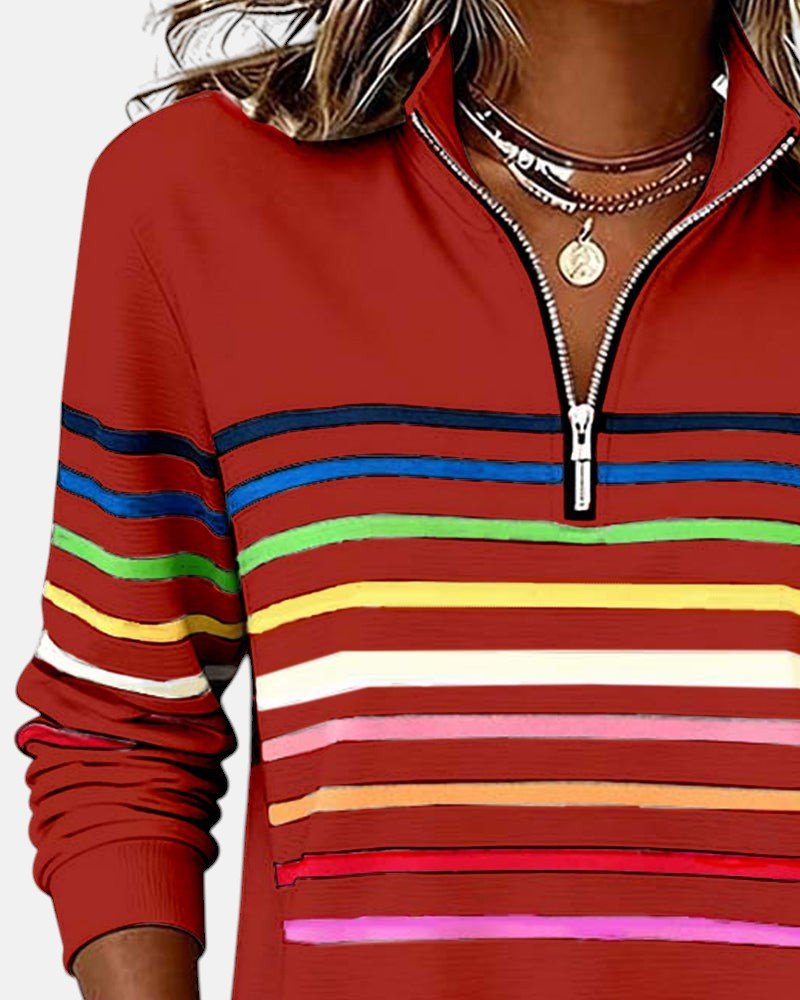 Comfortable Rainbow Striped Sweatshirt for Women with Quarter Zip Collar Long Sleeve Relaxed Knit Style