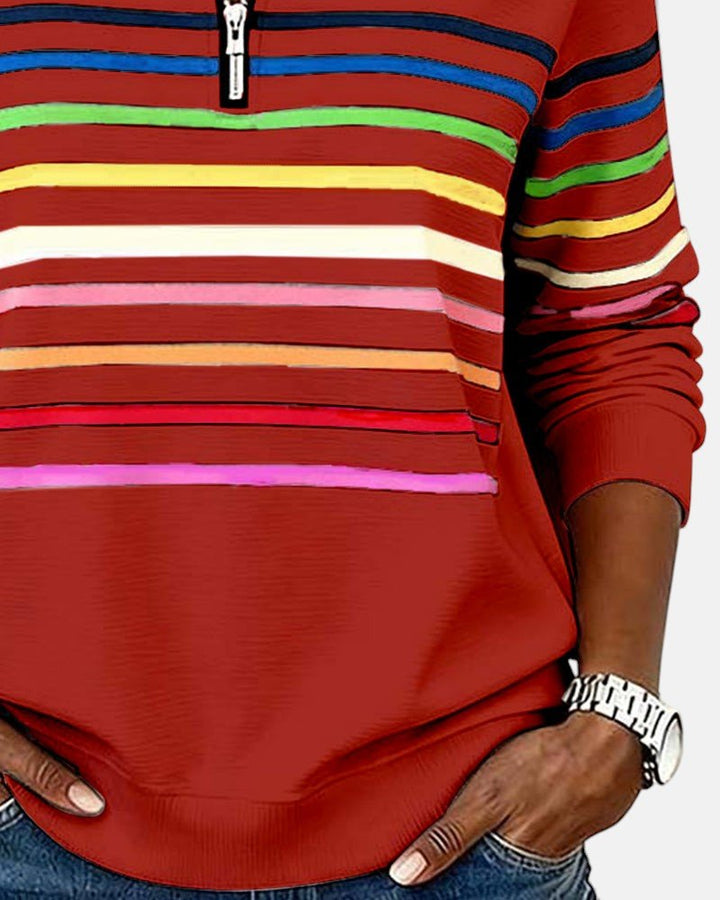 Comfortable Rainbow Striped Sweatshirt for Women with Quarter Zip Collar Long Sleeve Relaxed Knit Style