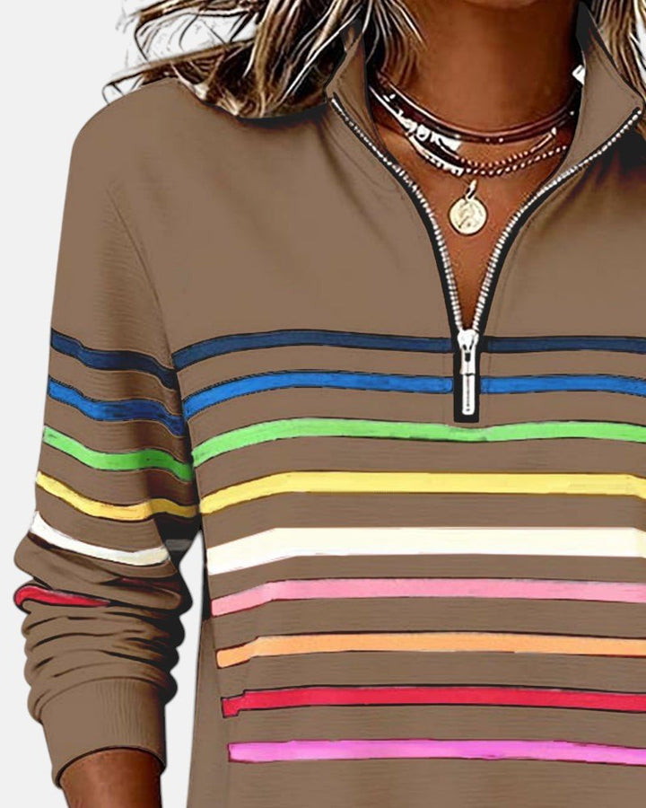 Comfortable Rainbow Striped Sweatshirt for Women with Quarter Zip Collar Long Sleeve Relaxed Knit Style