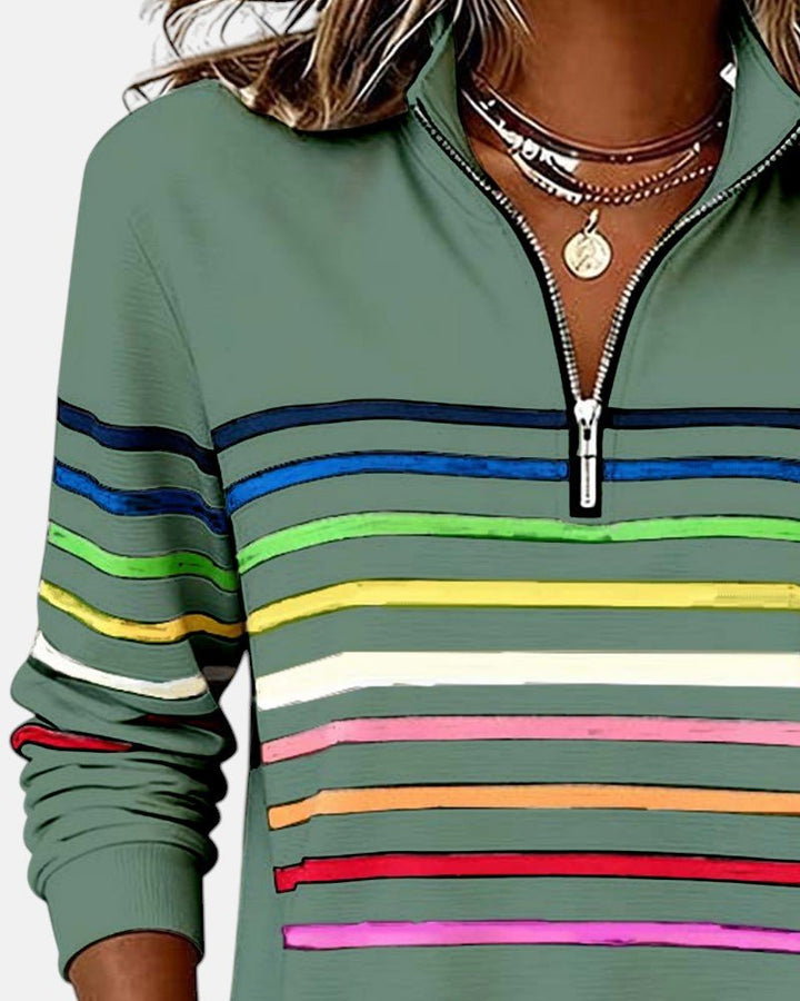 Comfortable Rainbow Striped Sweatshirt for Women with Quarter Zip Collar Long Sleeve Relaxed Knit Style