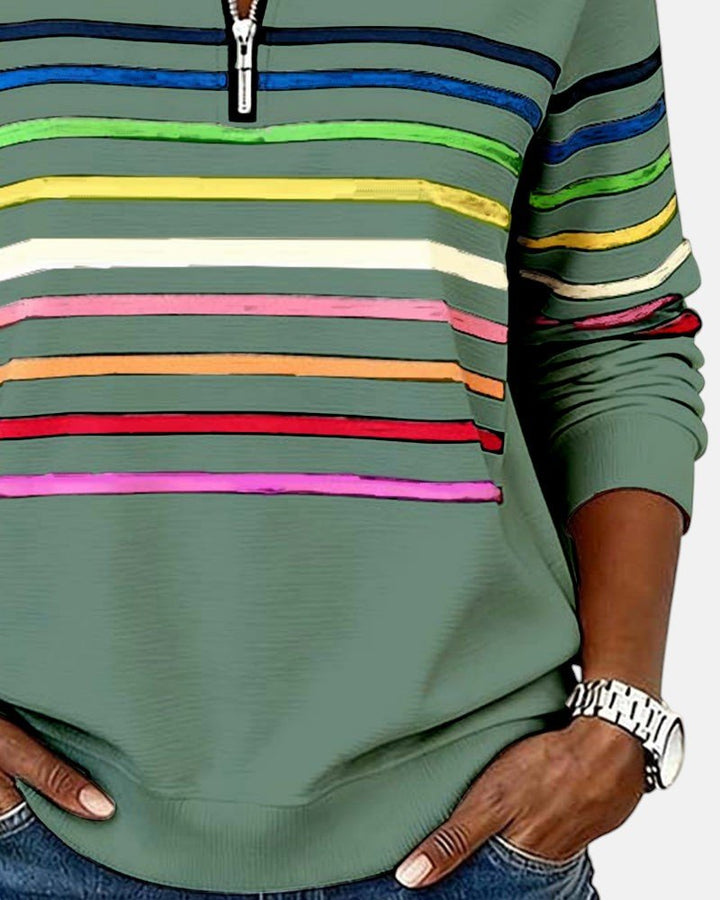 Comfortable Rainbow Striped Sweatshirt for Women with Quarter Zip Collar Long Sleeve Relaxed Knit Style
